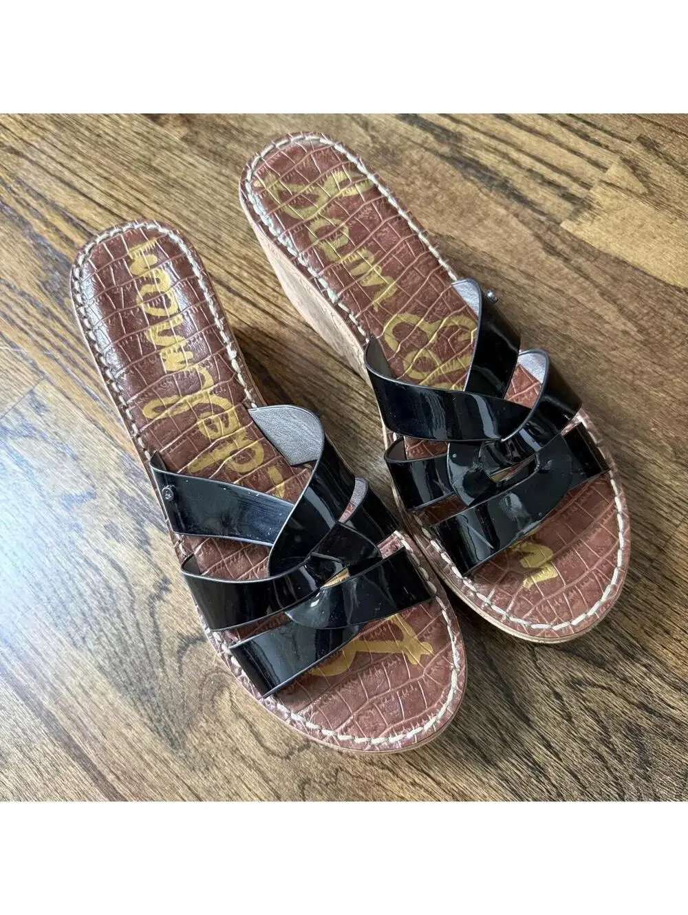 🖤 Sam Edelman Regis Black Patent Cork Wedge Sandals Size 9